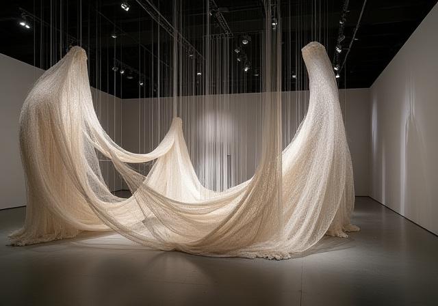 Installation d'art textile contemporain dans une galerie